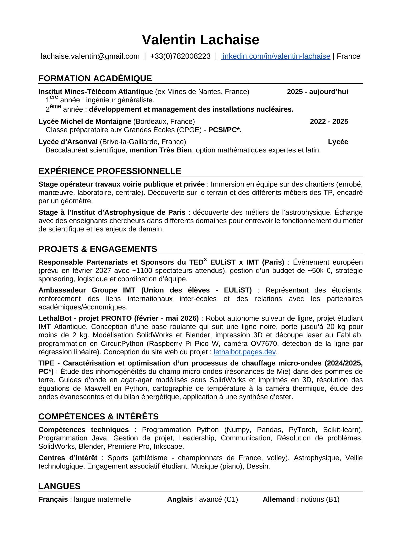 CV de Valentin Lachaise, une page