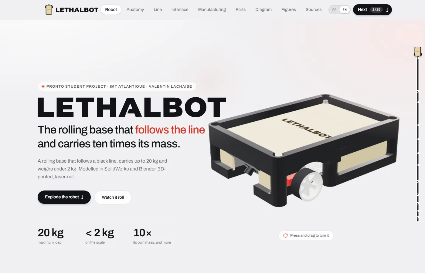 Page d'accueil du site LethalBot avec le modèle 3D du robot