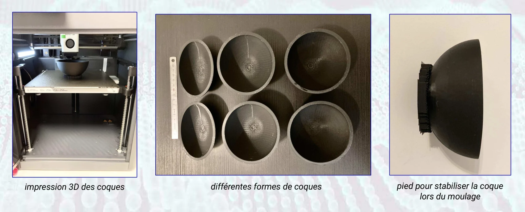 Impression 3D des coques, coques de différentes formes et pied de stabilisation