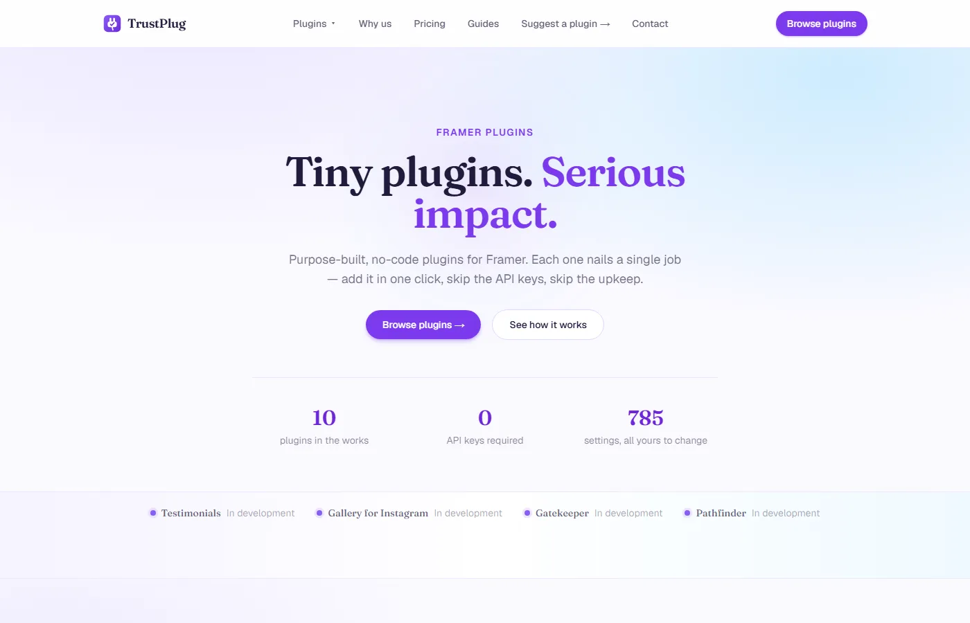Page d'accueil de trustplug.net : Tiny plugins. Serious impact.